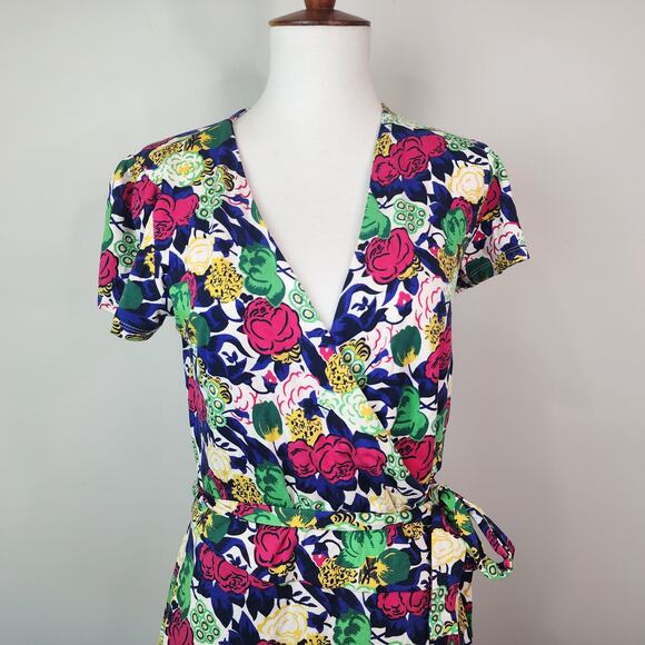 Boden Floral Wrap Dress Jersey Stretch Colorful Short Sleeve Size 6R - Picture 3 of 8